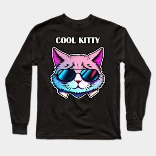 Cool Kitty Synthwave Retro Long Sleeve T-Shirt